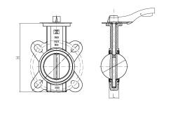 Wafer type butterfly valve with steel body and stainless steel disk and EPDM seat, DN25, PN16. PA300 series handle